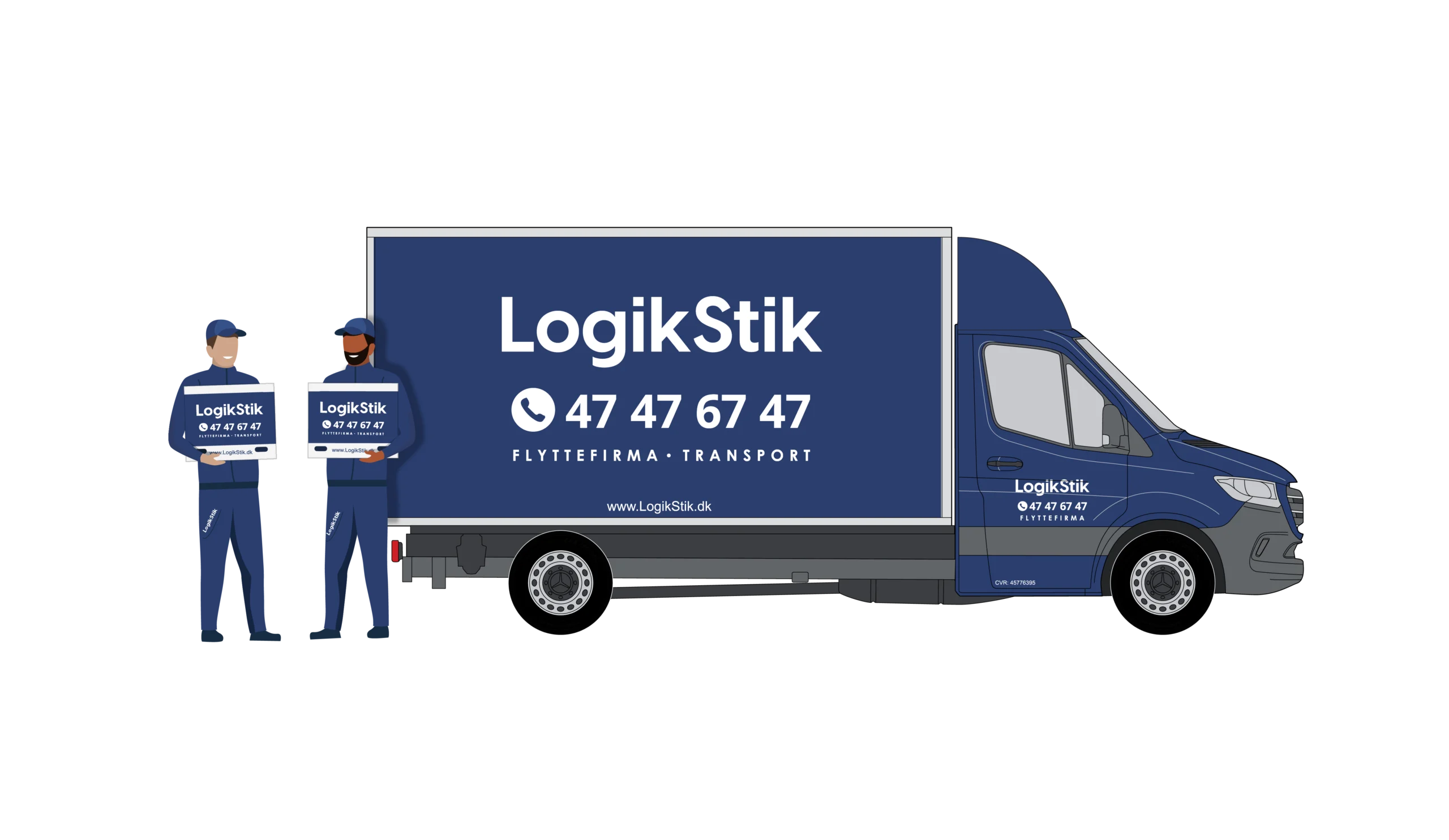 Flytteservice WEB nyeste En blå LogikStik flyttevogn og to flyttemænd, klædt i uniformer med logo, står foran en sort baggrund. Tekst: LogikStik, 47 47 67 47, FLYTTEFIRMA • TRANSPORT, www.LogikStik.dk. Desuden på vognens dør: FLYTTEFIRMA, CVR: 45776395. Og på uniformerne: LogikStik.